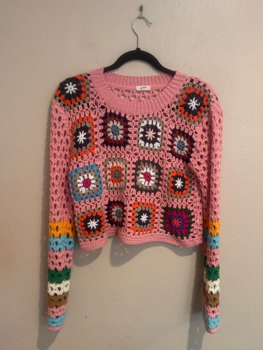 Boho Pink Crochet Granny-Square Crewneck CroppedSweater with Multicolor Accents